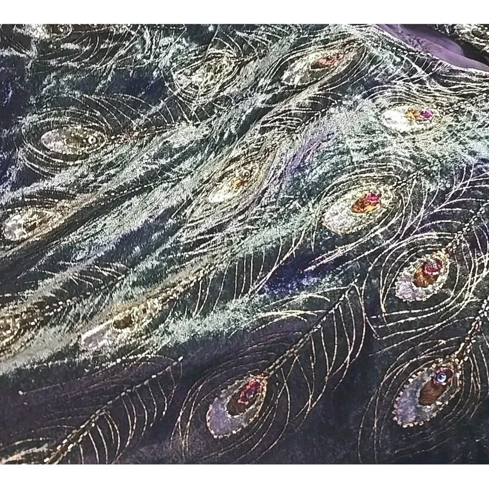 Vtg Ania A Peacock Velvet Beaded Boho Top‎ OS Festival Artwear Handkerchief Hem